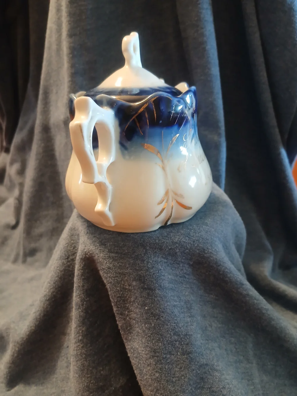 Antique Wheelock Germany Souvenier Sugar Bowl Cobalt Flow Blue Dubuque 1890s
